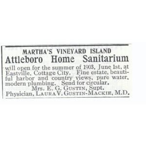 Marthas Vineyard Attleboro Home Sanitarium Laura V Gustin-Mackie 1903 Ad AF7-SS3